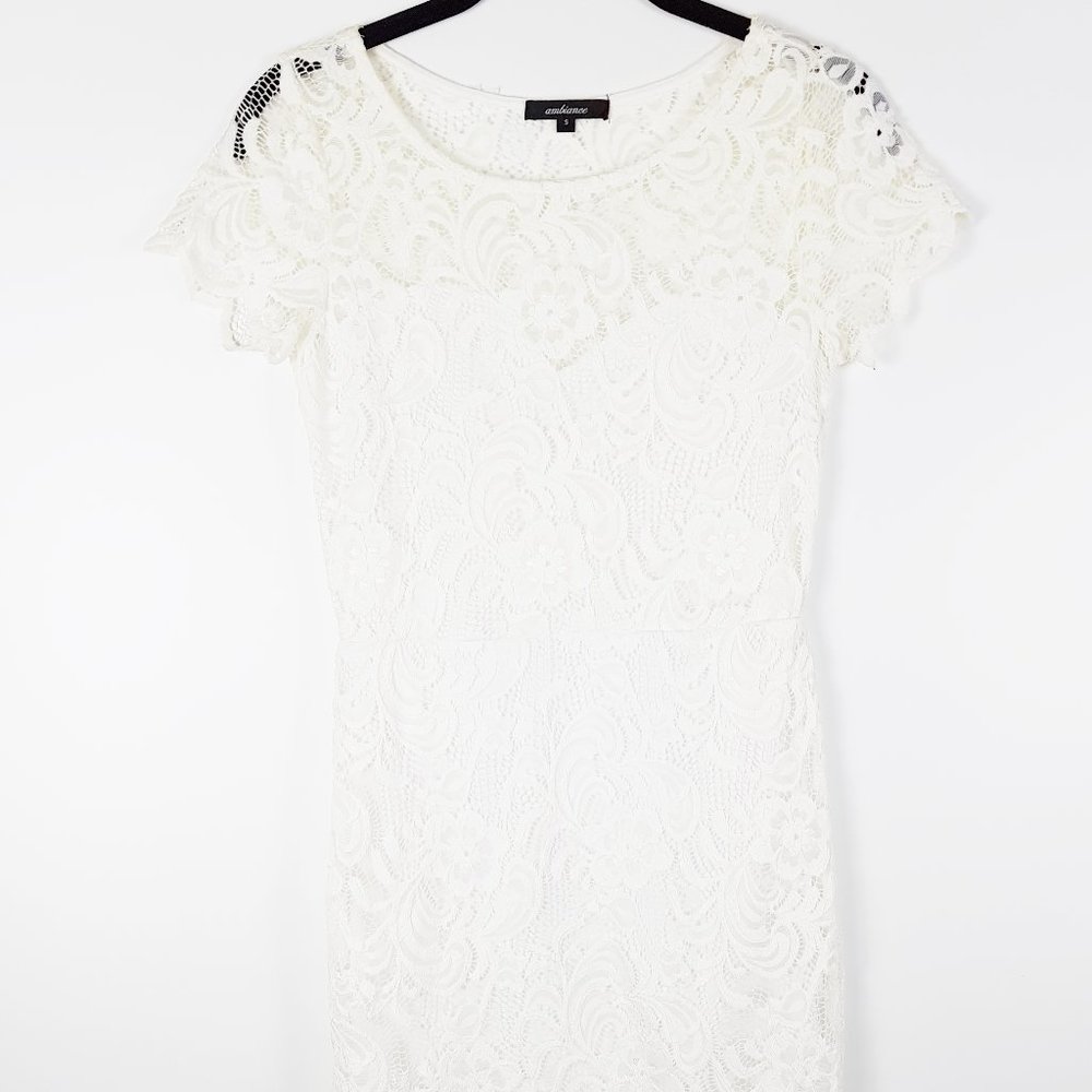 Ambiance White Lace Fitted Short Sleeve Dress
